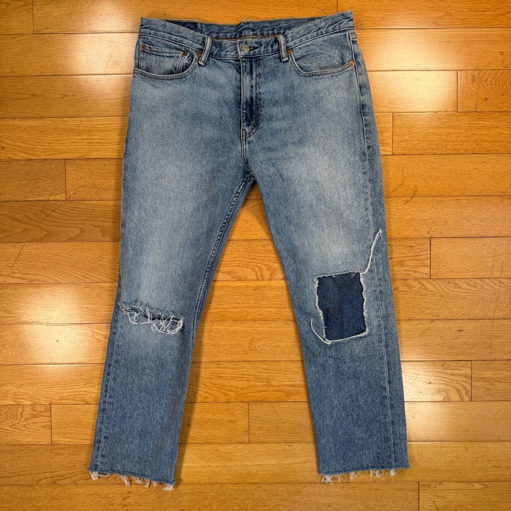 Levis 501 Mens W32 L26 Light Wash‎ Distressed Patchwork Straight Leg Jeans
